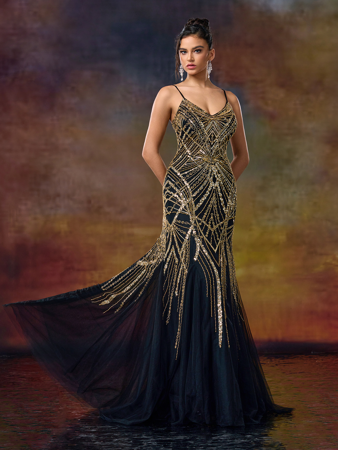 Heavyly Beaded Silver Mermaid Gown with Spaghetti Straps