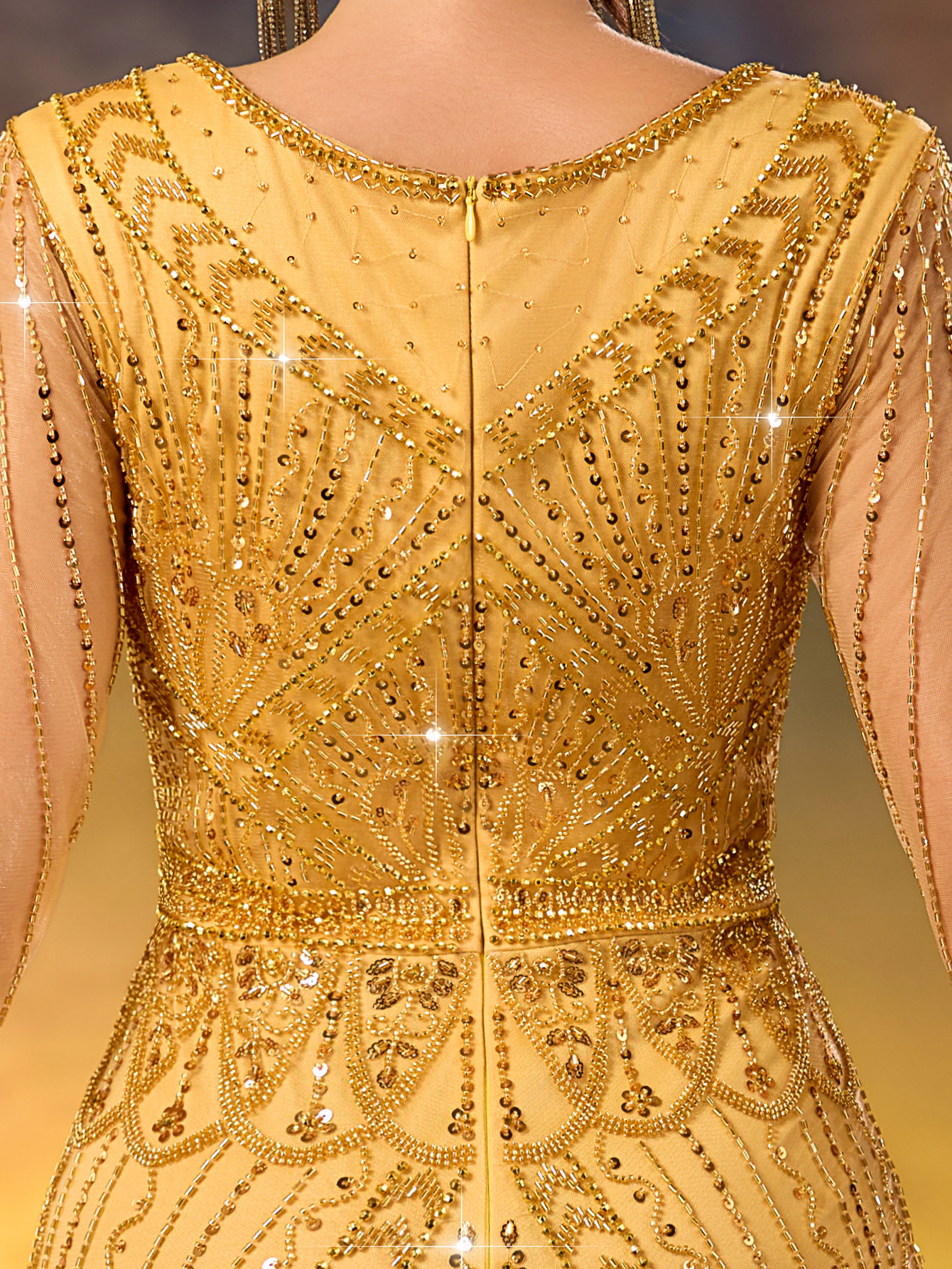 Modecrush Golden Sequin Long - Sleeve Mermaid Gown, Mesh - Paneled Round Neck Design, Waist - Cinching Cut, Ideal for Luxurious, Shining and Retro - Luxurious Occasions like Galas and Balls