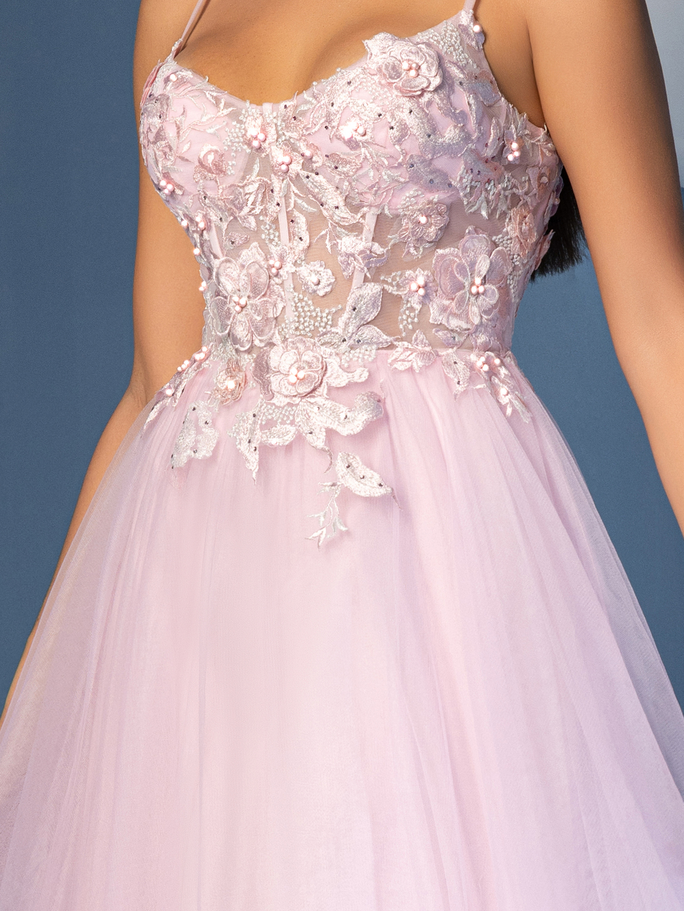 Modecrush Light Pink Tulle Spaghetti - Strap Gown, 3D Floral Embroidered Corset, Large Skirt Ideal for Romantic, Dreamy and Girly Occasions like Galas and Balls