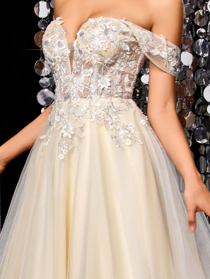 Modecrush White Women Long Dress Champagne A-Line Wedding Dress with Intricate Applique ? Elegant Bridal Gown , Wedding Guest