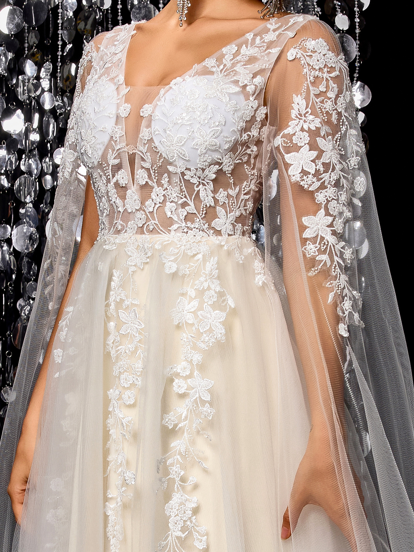 Modecrush Women's Flowing Wedding Dress, Gorgeous Beaded Embroidered Mesh Long Sleeves Trailing Bridal Gown