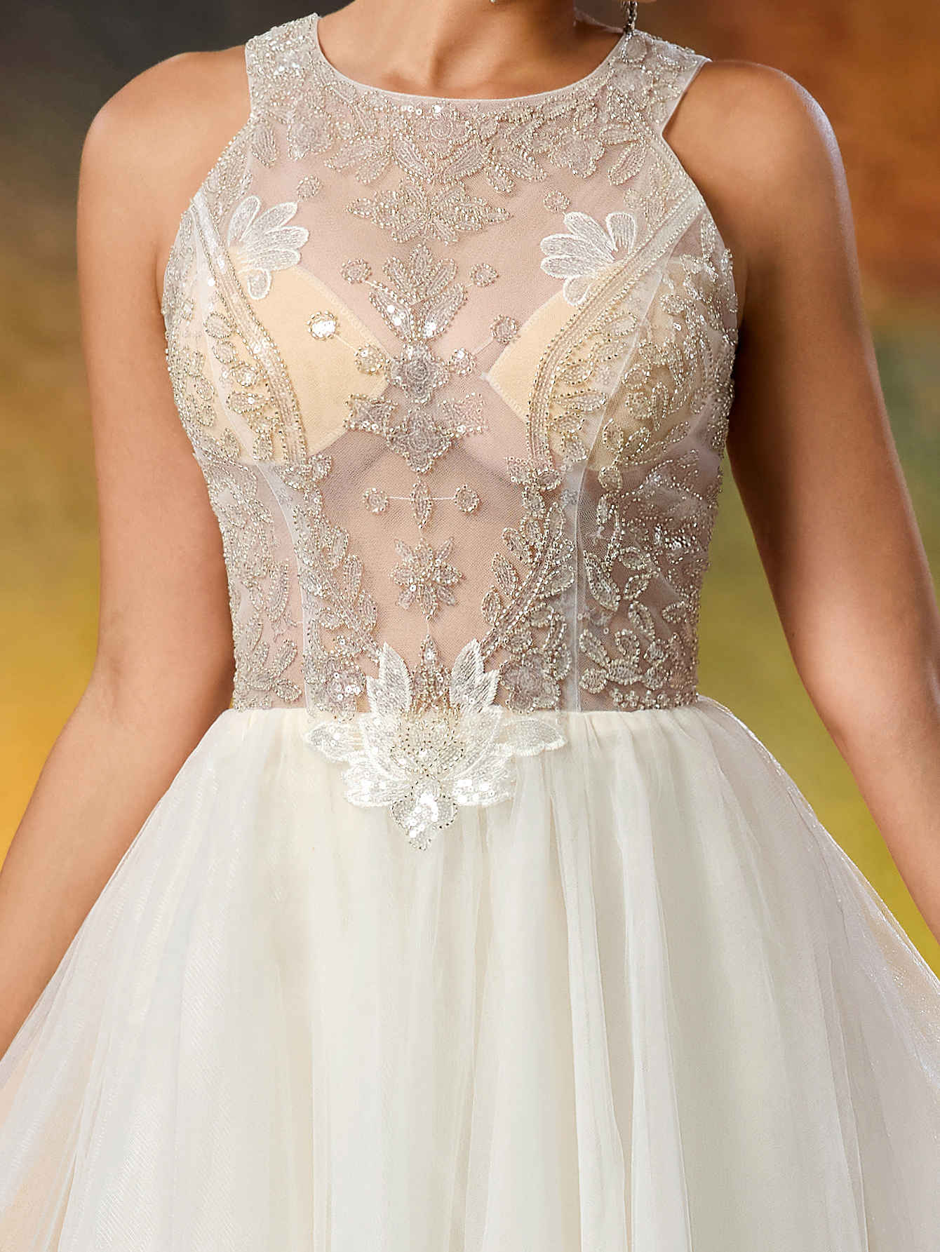 Elegant Round Neck Beaded Tulle Wedding Gown