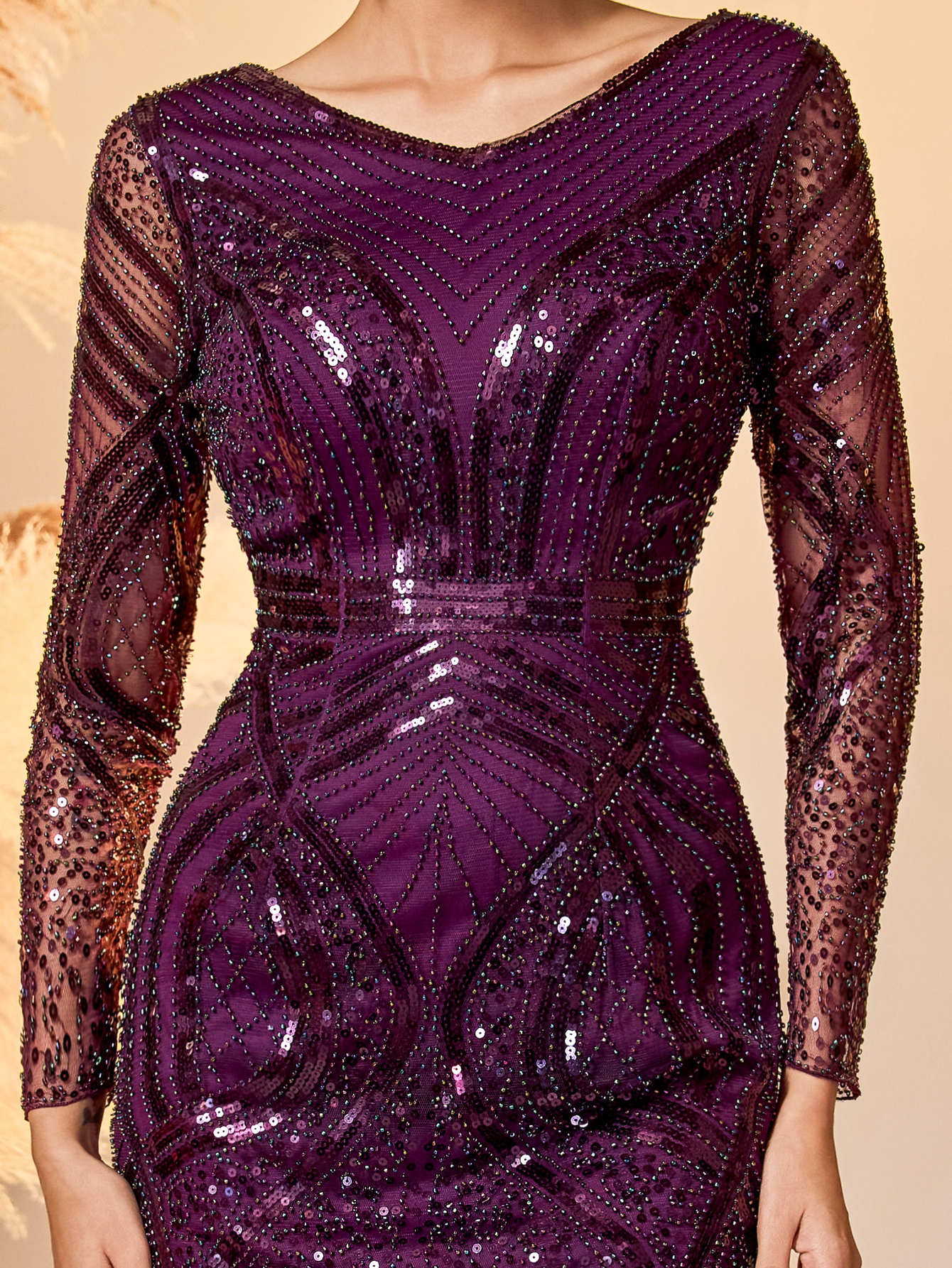 Modecrush Deep Purple Plain Weave Wedding Guest Dress Women - Elegant Long Sleeve Bodycon Evening Gown with Sheer Mesh Panel Skirt, Sparkling Formal Party Dress