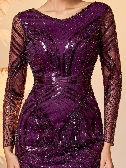 Modecrush Deep Purple Plain Weave Wedding Guest Dress Women - Elegant Long Sleeve Bodycon Evening Gown with Sheer Mesh Panel Skirt, Sparkling Formal Party Dress