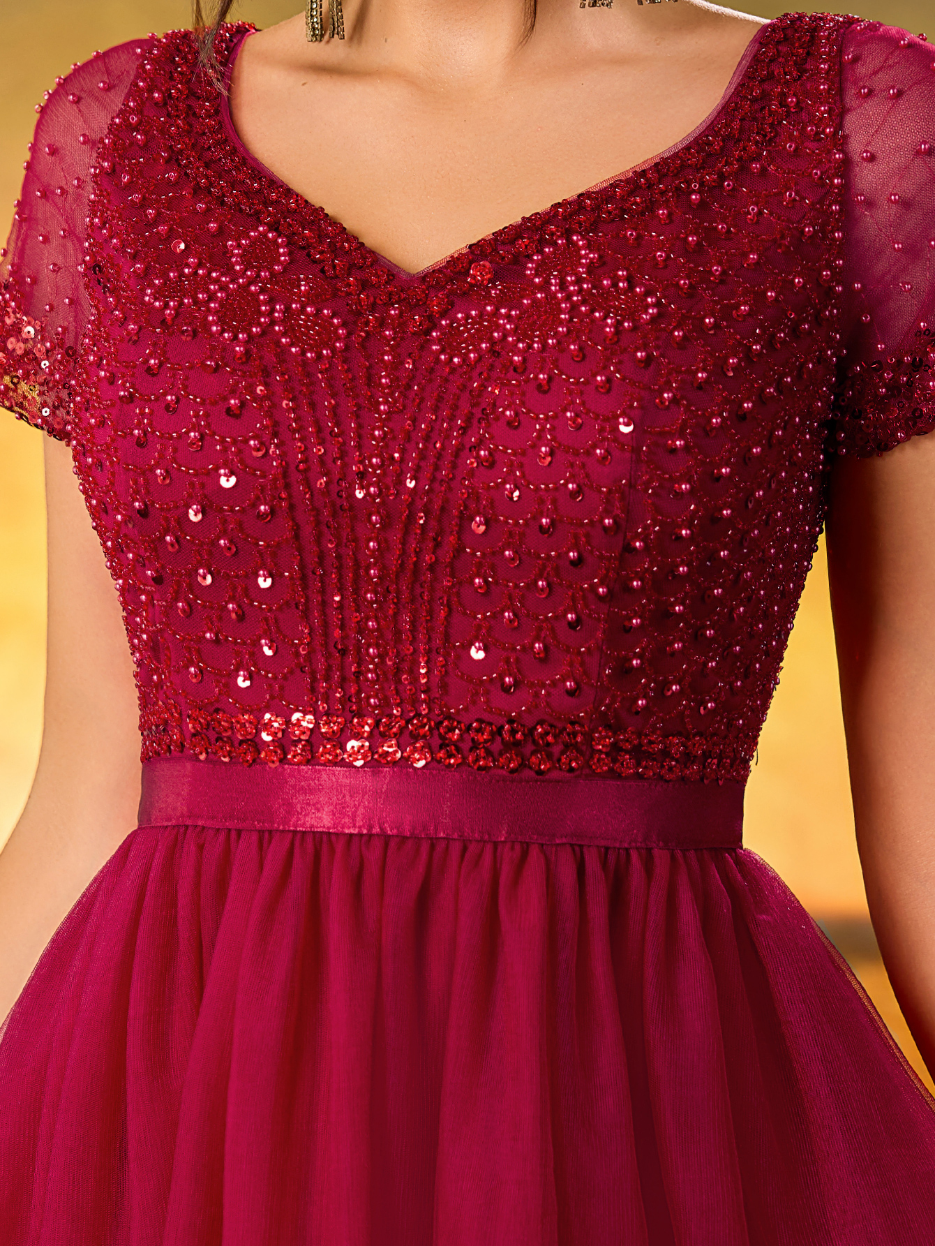 Modest Sequins Beaded Evening Gown V-Neck Waist With Stretch A Swing Party Dress For Birthday Party,Wedding Guest,Red Carpet