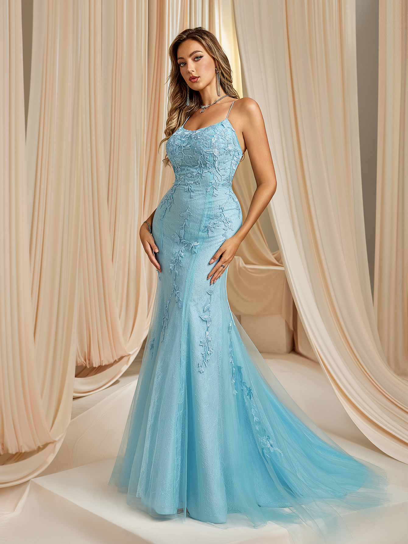 Modecrush 2025 Light Blue Embroidered Floral Applique Evening Gown with Flowy Skirt & Sheer Lace.