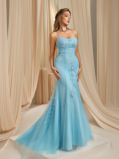 Modecrush 2025 Light Blue Embroidered Floral Applique Evening Gown with Flowy Skirt & Sheer Lace.
