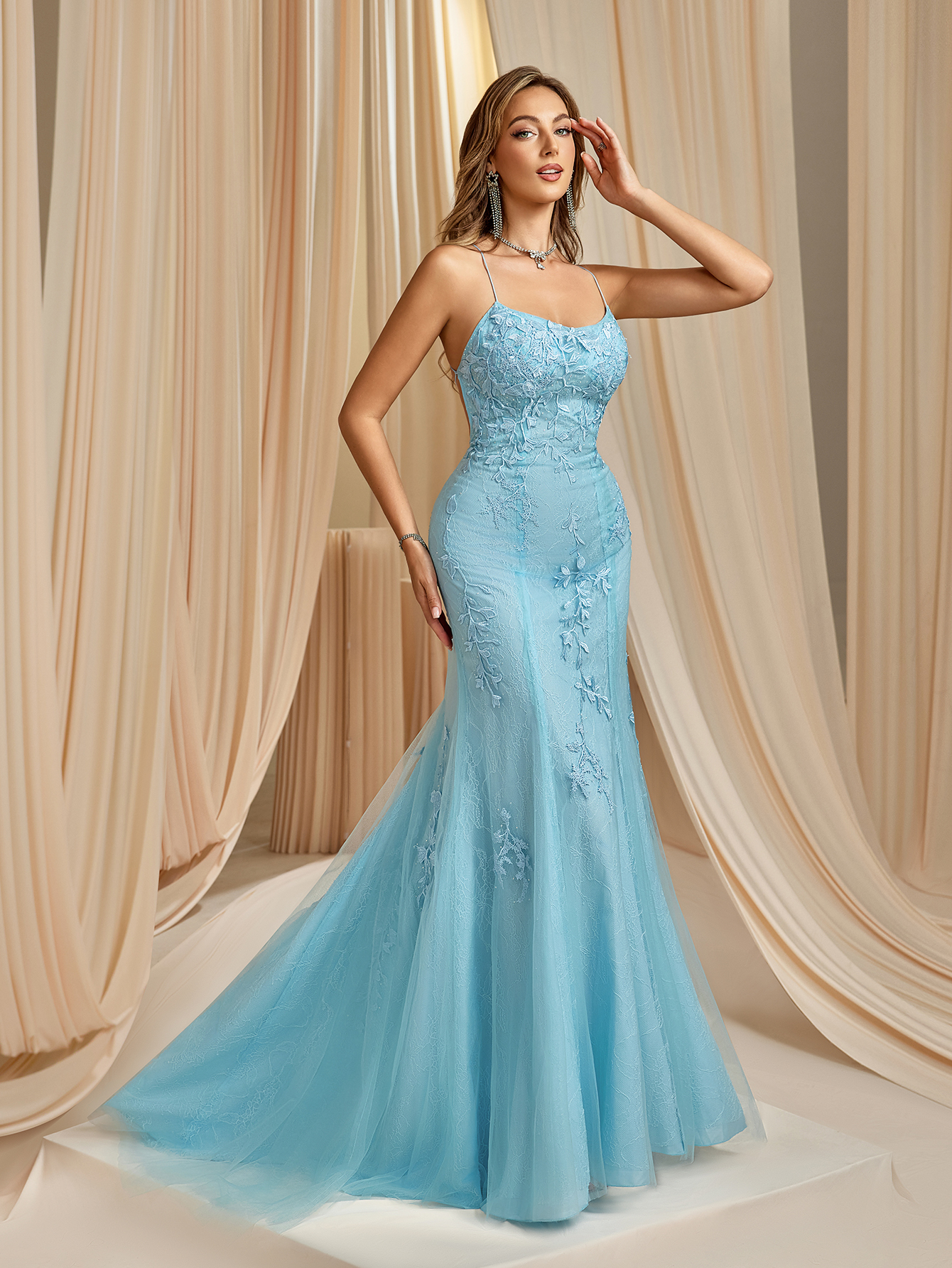 Modecrush 2025 Light Blue Embroidered Floral Applique Evening Gown with Flowy Skirt & Sheer Lace.