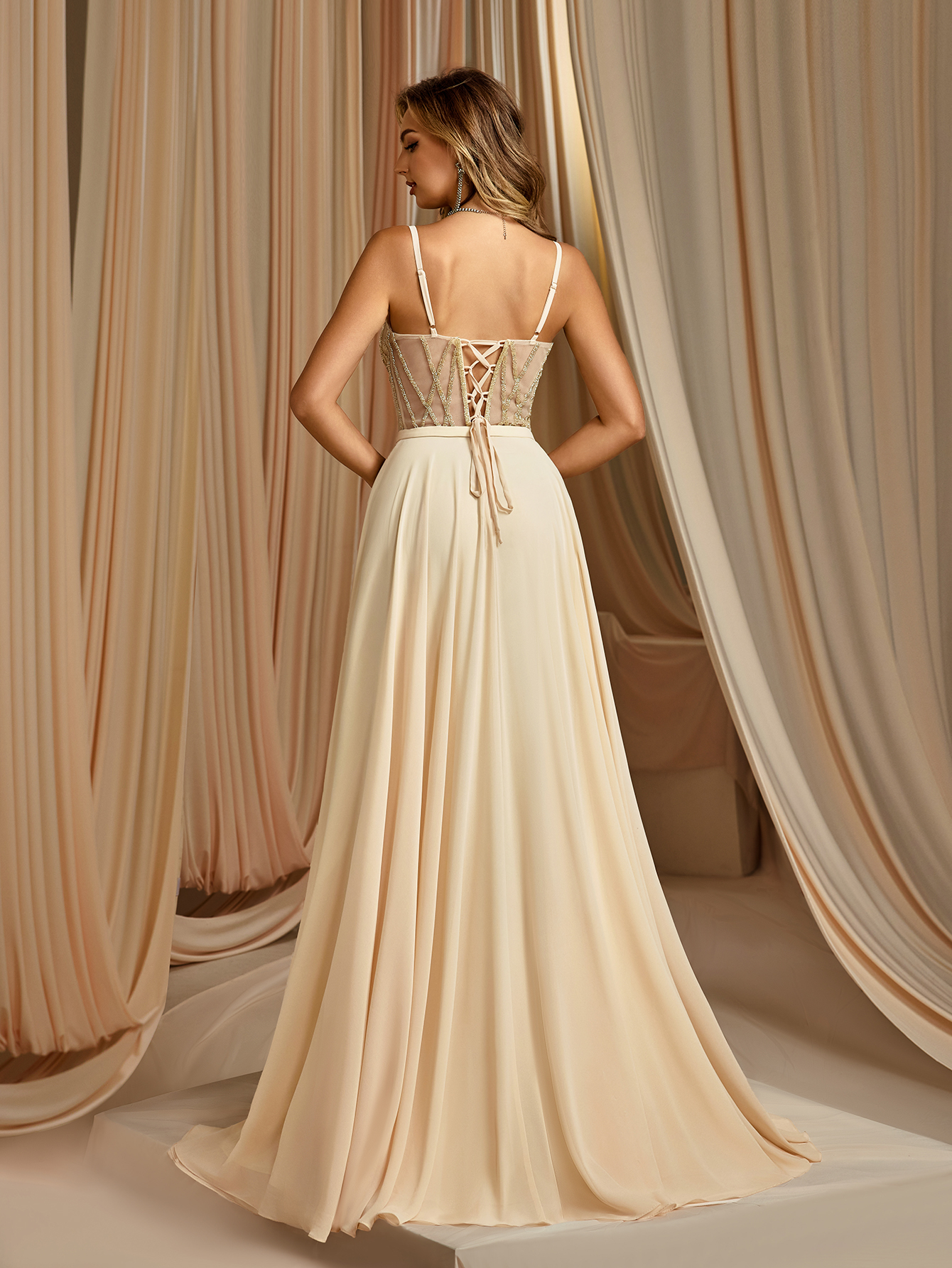 Modecrush Split Thigh beaded Prom Dress with spaghetti straps, Front Slit Backless Tied Formal Gown For Banquet Party Events, Party Dress Elegant Formal Evening Wedding Guest Gown, For Graduation, Dinner Party Dress