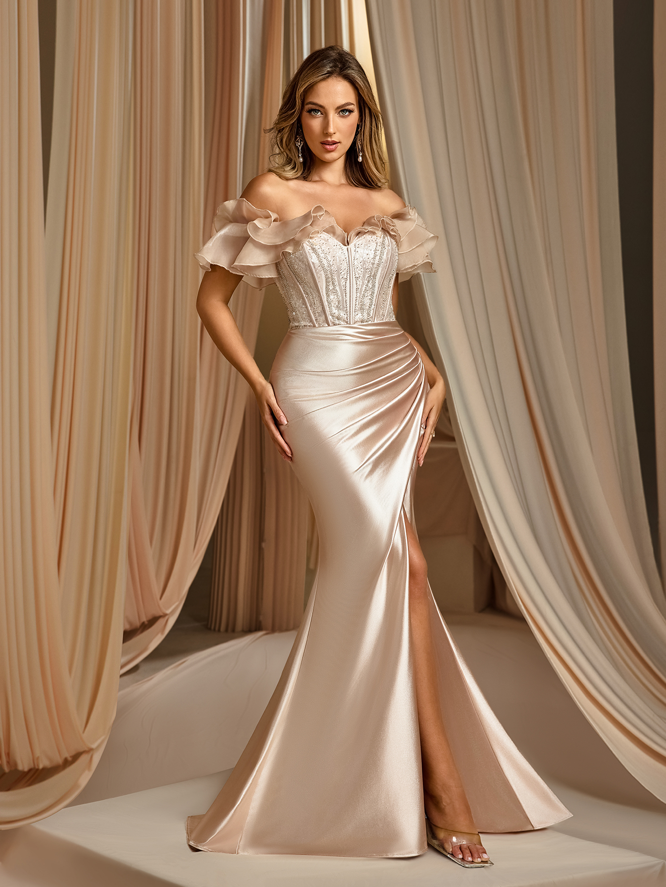 Elegant Off-the-Shoulder Beaded Corset Ruffled Sleeve High-Slit Train 