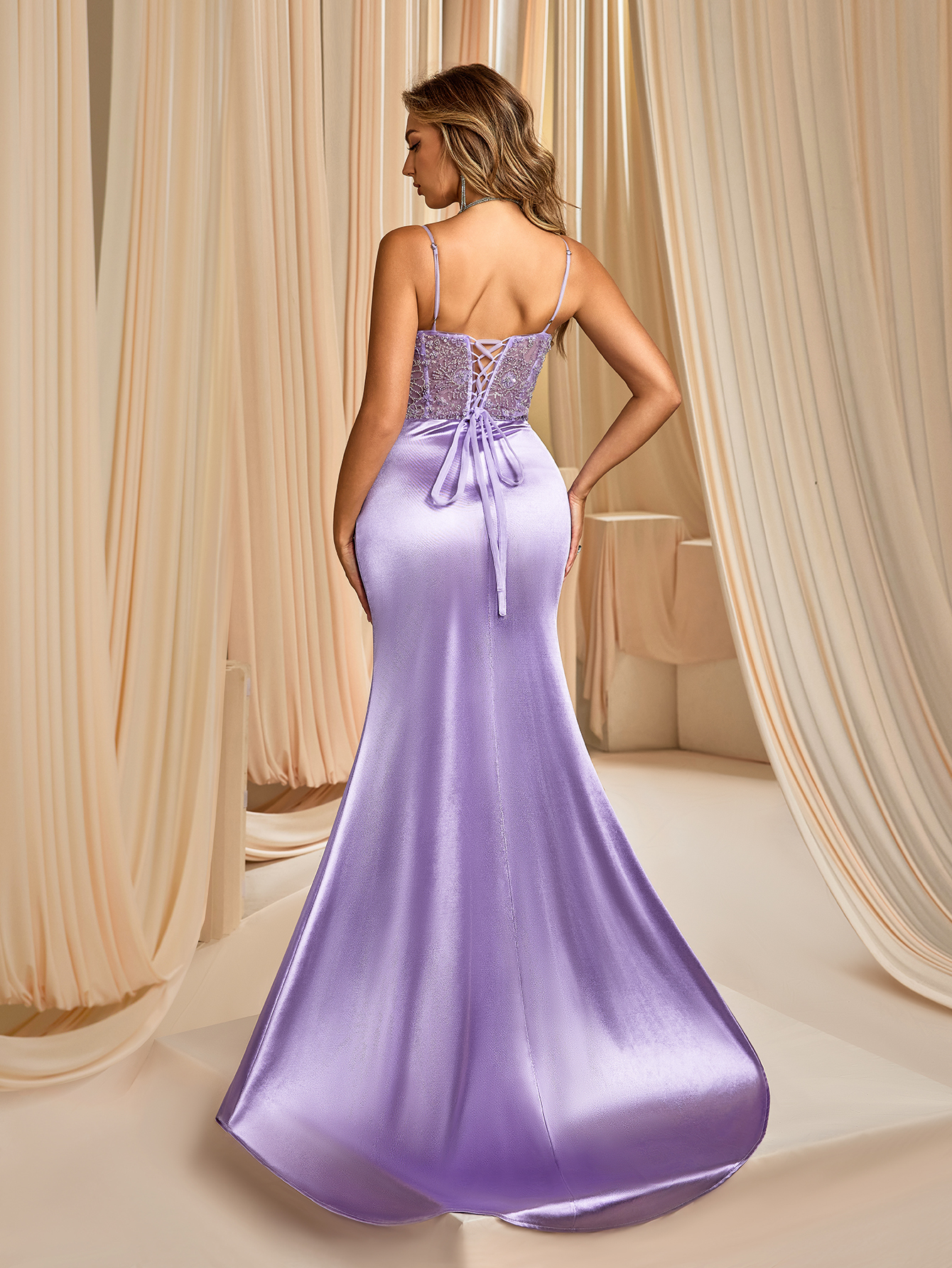 Modecrush Purple V-neck Crystal-Embroidered Mermaid Gown Twilight Purple Evening Dress with High Slit