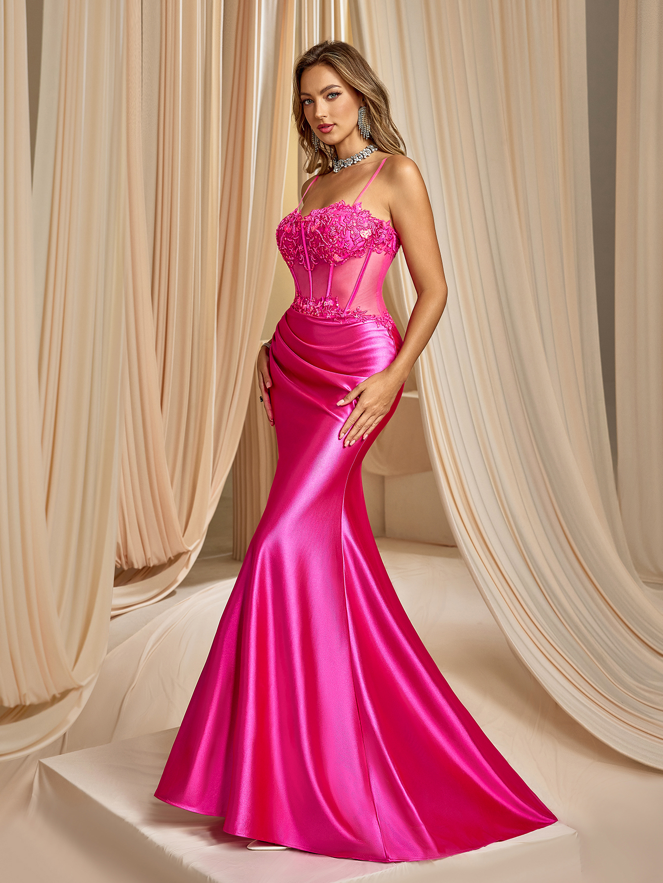 Modecrush Column Spaghetti Applique Sweetheart Prom Dress See Through Evening Party Dress