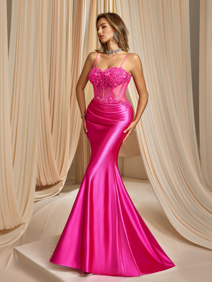 Modecrush Column Spaghetti Applique Sweetheart Prom Dress See Through Evening Party Dress