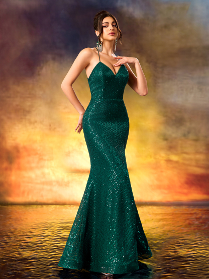 Modecrush Women's Demure Stiletto Heeled Evening Gown Luxury Sequins Sparkling V-Neck Dress Front Split Gown For Wedding Guest,Formal Evening,Red Carpet