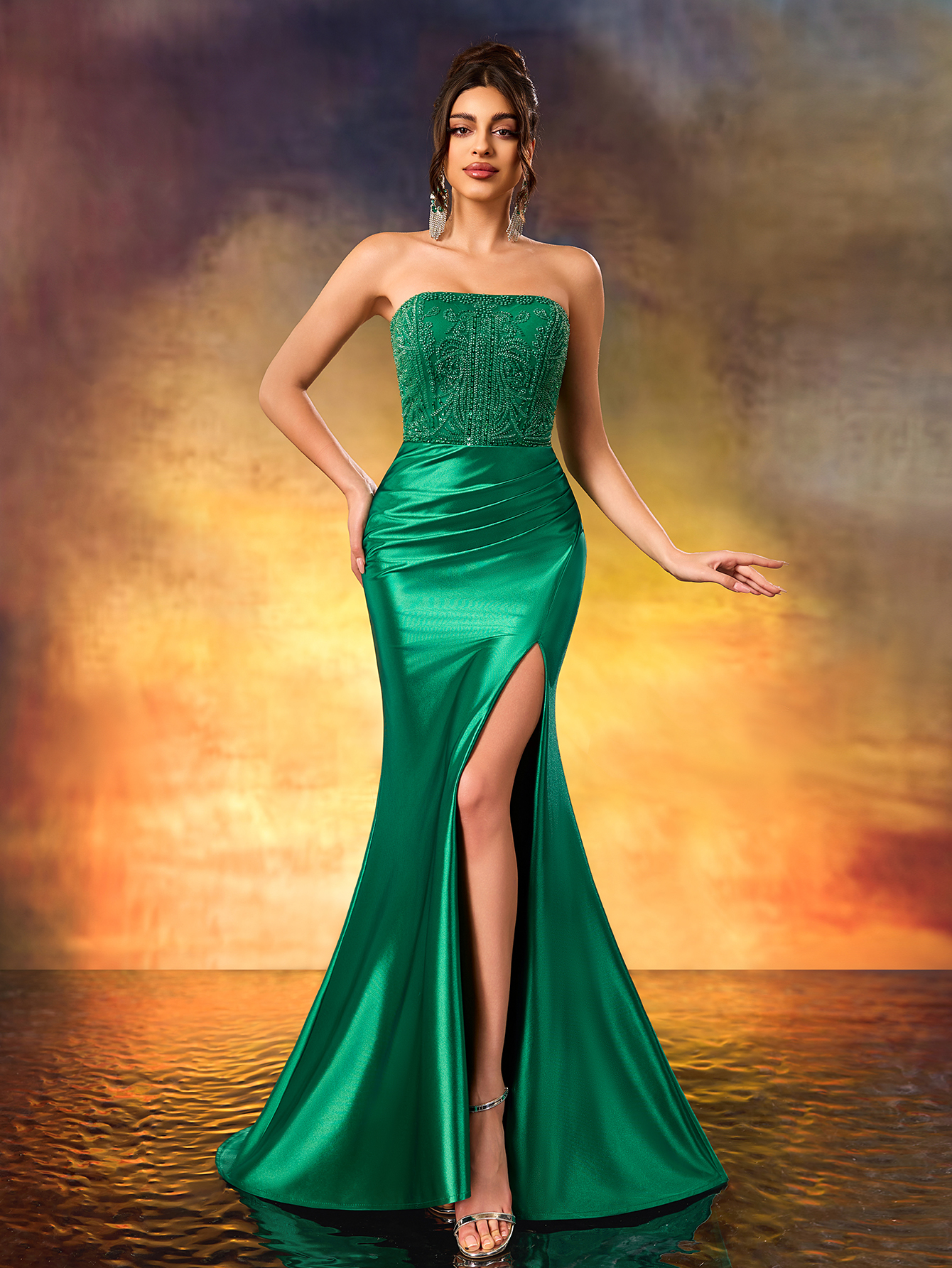 Modecrush Beaded Strapless Formal Evening Dress Fine High Heeled Front Split Party Dress Elegant Evening Gown For Party,Wedding Guest,Celebration,Anniversary