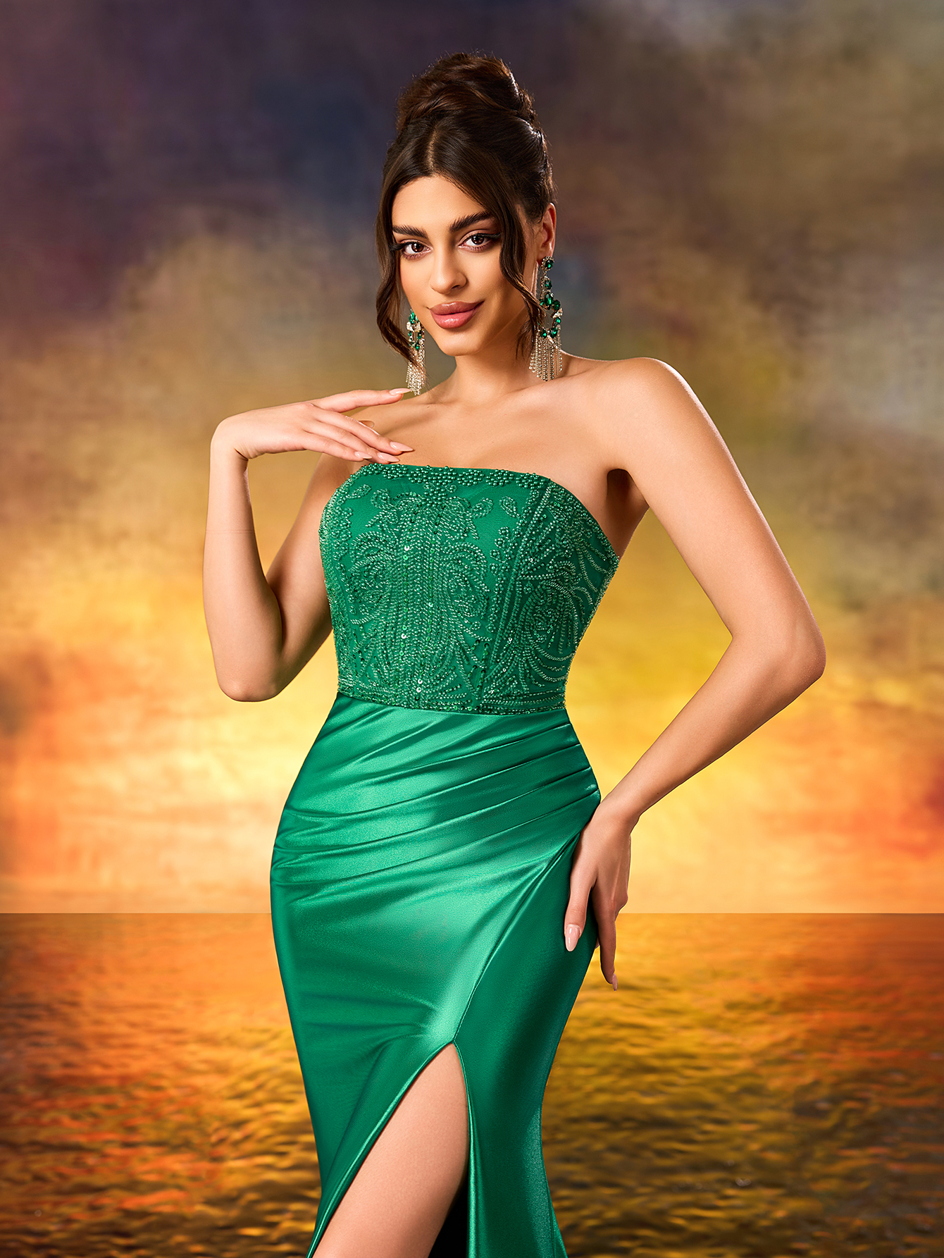 Modecrush Beaded Strapless Formal Evening Dress Fine High Heeled Front Split Party Dress Elegant Evening Gown For Party,Wedding Guest,Celebration,Anniversary