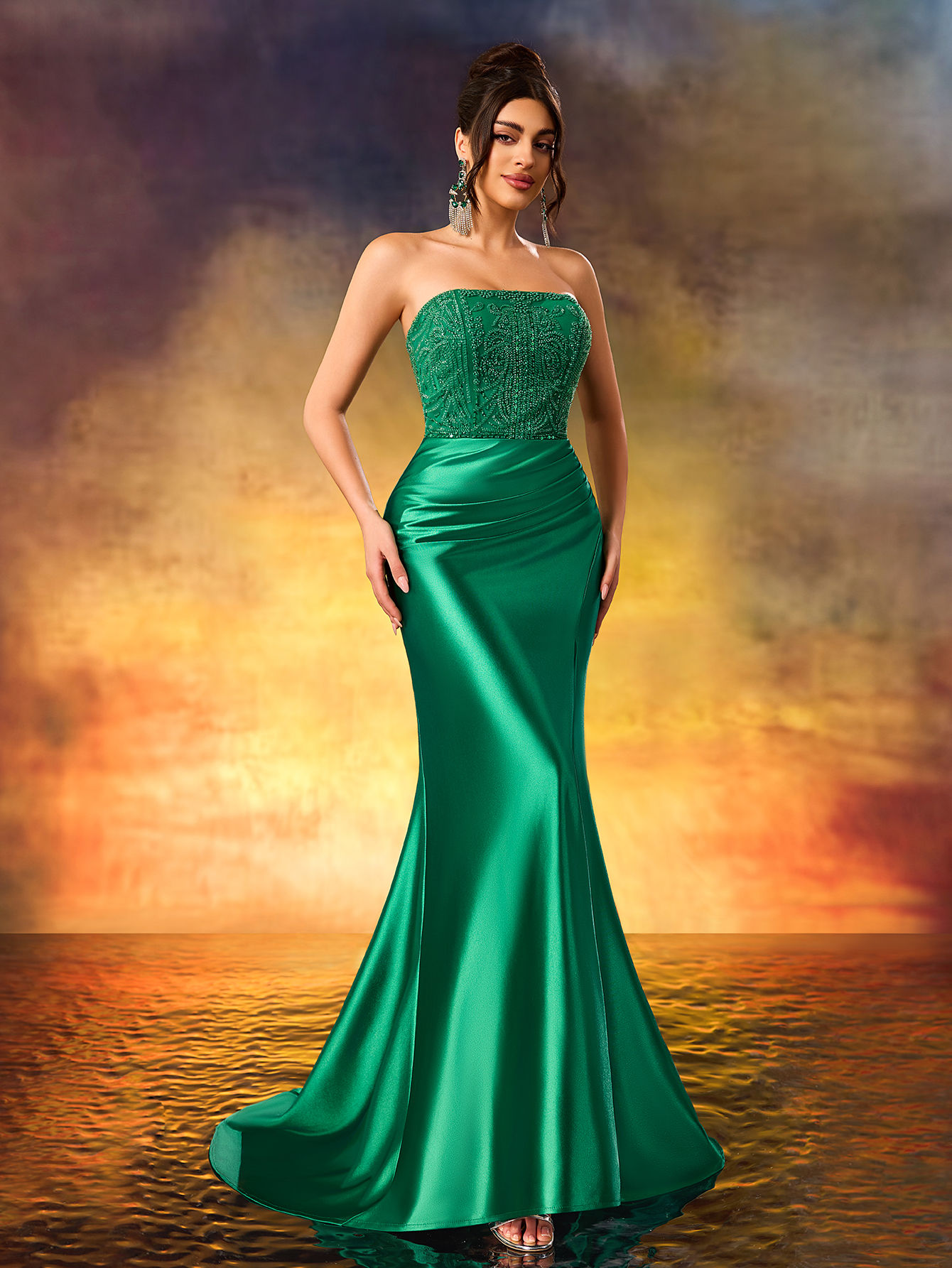 Modecrush Beaded Strapless Formal Evening Dress Fine High Heeled Front Split Party Dress Elegant Evening Gown For Party,Wedding Guest,Celebration,Anniversary