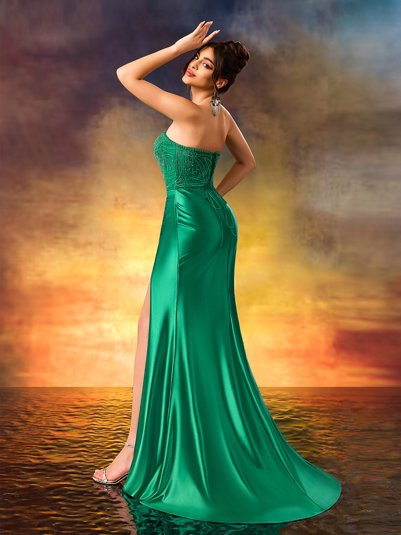 Modecrush Beaded Strapless Formal Evening Dress Fine High Heeled Front Split Party Dress Elegant Evening Gown For Party,Wedding Guest,Celebration,Anniversary