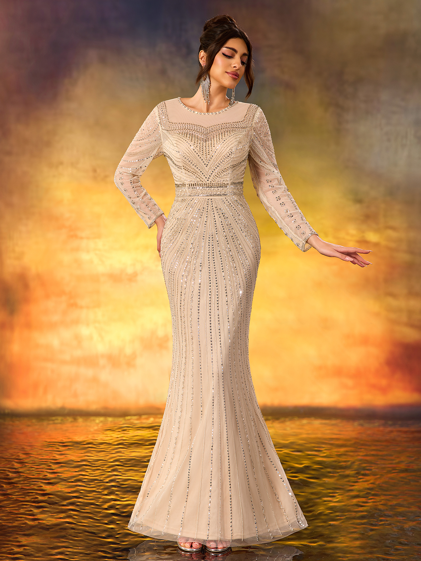 Modecrush Champagne Sequin Long - Sleeve Mermaid Gown, Mesh - Paneled Round Neck Design, Waist - Cinching Cut, Ideal for Elegant, Luxurious and Retro - Inspired Occasions like Galas and Balls