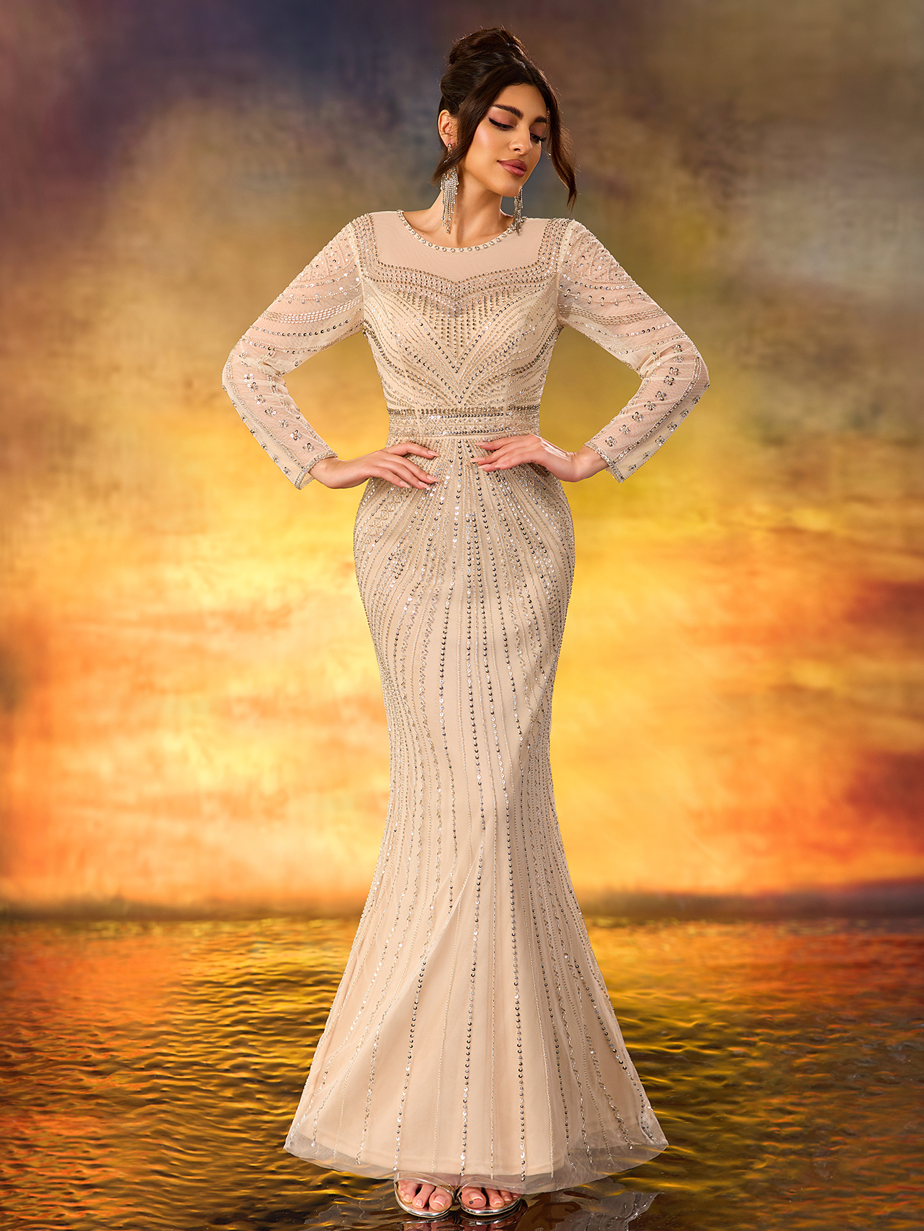 Modecrush Champagne Sequin Long - Sleeve Mermaid Gown, Mesh - Paneled Round Neck Design, Waist - Cinching Cut, Ideal for Elegant, Luxurious and Retro - Inspired Occasions like Galas and Balls