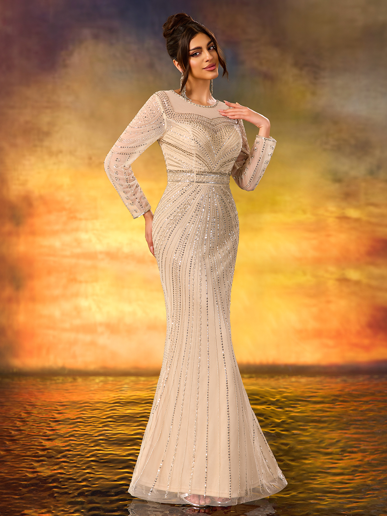 Modecrush Champagne Sequin Long - Sleeve Mermaid Gown, Mesh - Paneled Round Neck Design, Waist - Cinching Cut, Ideal for Elegant, Luxurious and Retro - Inspired Occasions like Galas and Balls