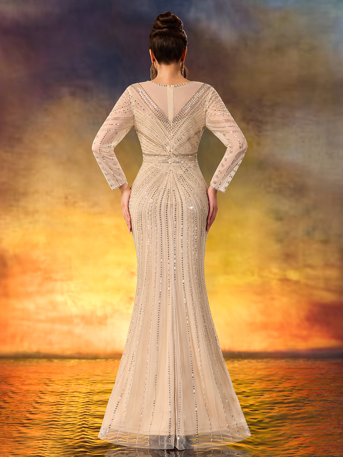 Modecrush Champagne Sequin Long - Sleeve Mermaid Gown, Mesh - Paneled Round Neck Design, Waist - Cinching Cut, Ideal for Elegant, Luxurious and Retro - Inspired Occasions like Galas and Balls
