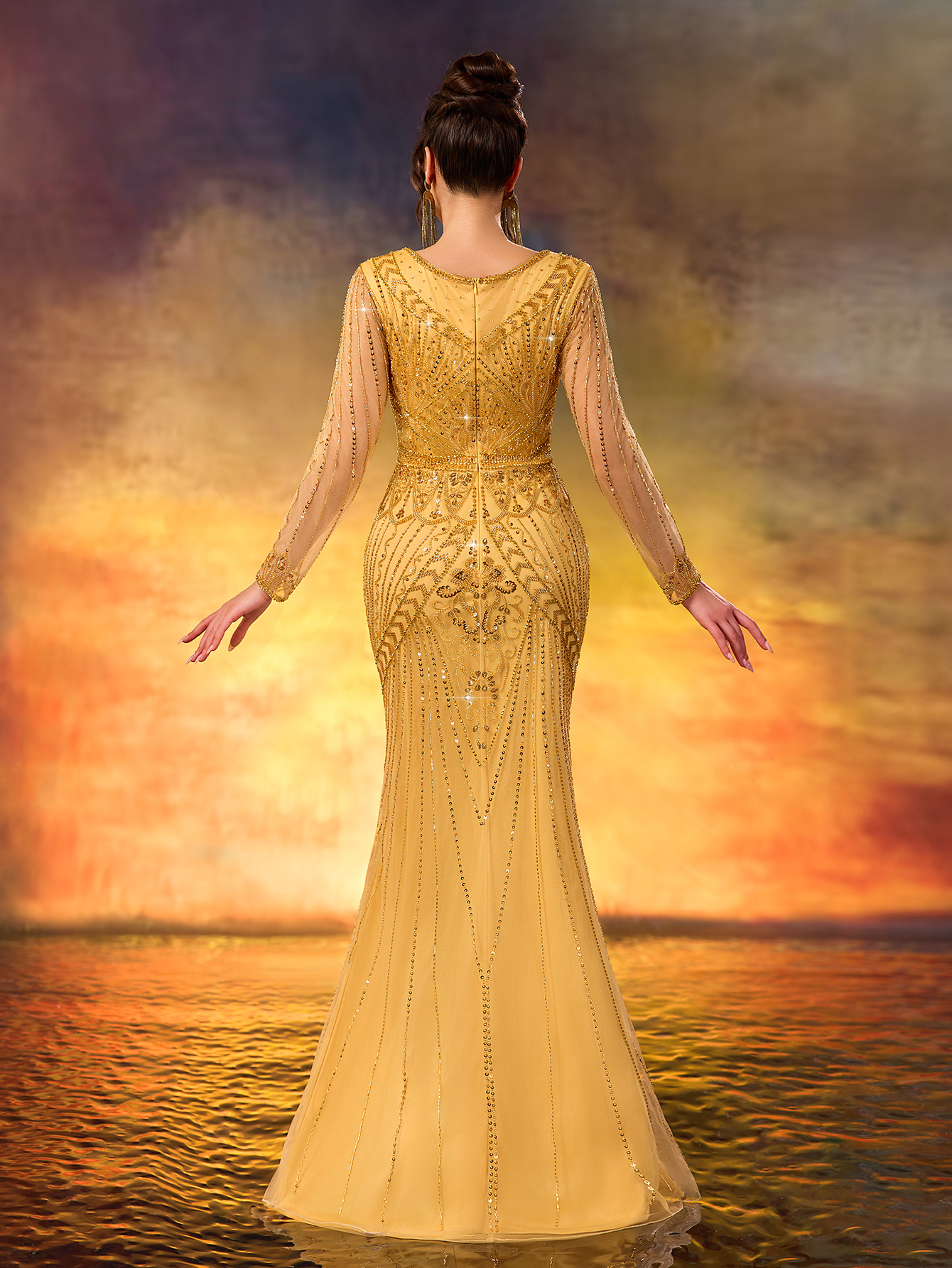 Modecrush Golden Sequin Long - Sleeve Mermaid Gown, Mesh - Paneled Round Neck Design, Waist - Cinching Cut, Ideal for Luxurious, Shining and Retro - Luxurious Occasions like Galas and Balls