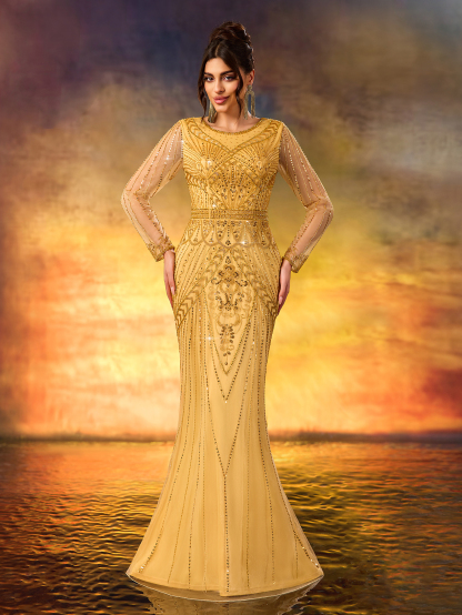Modecrush Golden Sequin Long - Sleeve Mermaid Gown, Mesh - Paneled Round Neck Design, Waist - Cinching Cut, Ideal for Luxurious, Shining and Retro - Luxurious Occasions like Galas and Balls