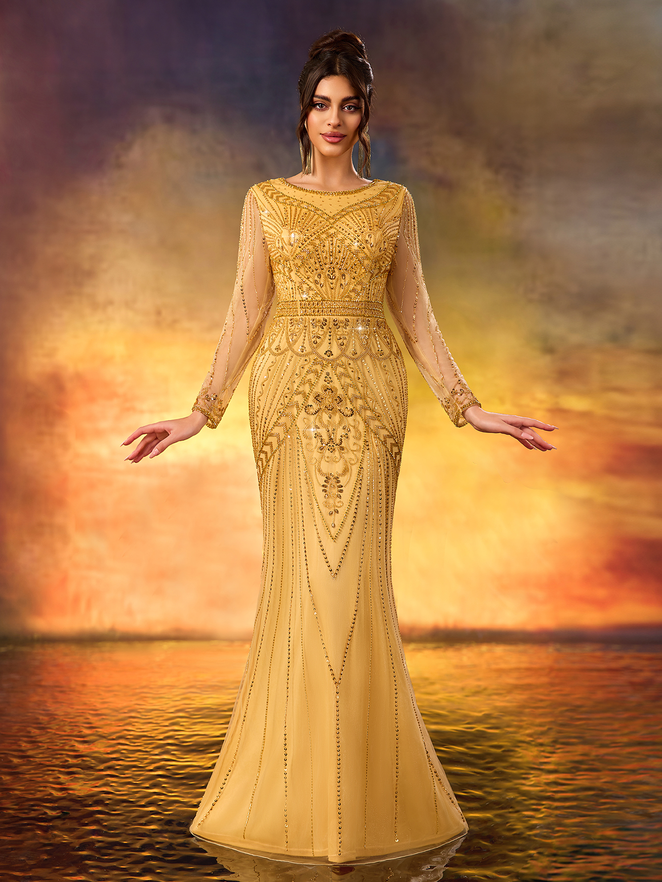 Modecrush Golden Sequin Long - Sleeve Mermaid Gown, Mesh - Paneled Round Neck Design, Waist - Cinching Cut, Ideal for Luxurious, Shining and Retro - Luxurious Occasions like Galas and Balls