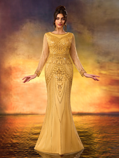 Modecrush Golden Sequin Long - Sleeve Mermaid Gown, Mesh - Paneled Round Neck Design, Waist - Cinching Cut, Ideal for Luxurious, Shining and Retro - Luxurious Occasions like Galas and Balls