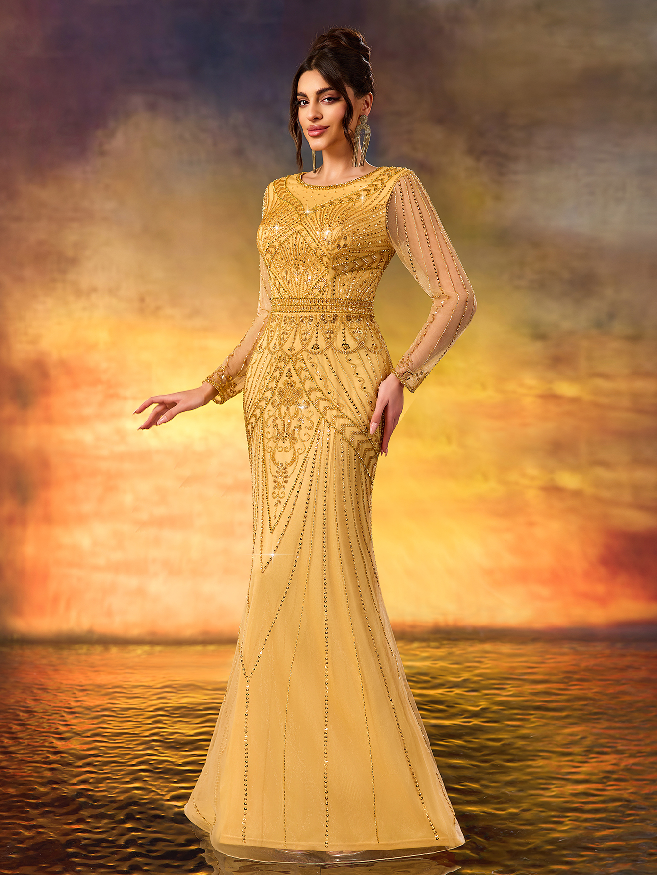 Modecrush Golden Sequin Long - Sleeve Mermaid Gown, Mesh - Paneled Round Neck Design, Waist - Cinching Cut, Ideal for Luxurious, Shining and Retro - Luxurious Occasions like Galas and Balls