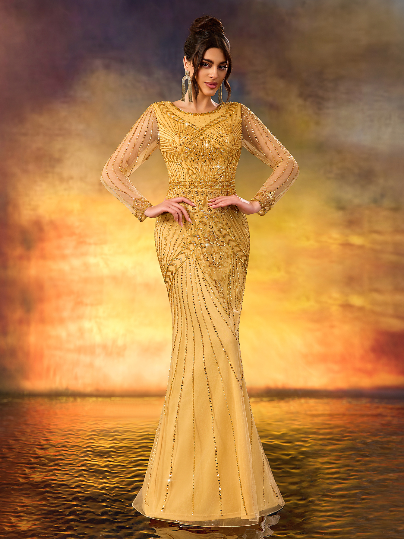 Modecrush Golden Sequin Long - Sleeve Mermaid Gown, Mesh - Paneled Round Neck Design, Waist - Cinching Cut, Ideal for Luxurious, Shining and Retro - Luxurious Occasions like Galas and Balls