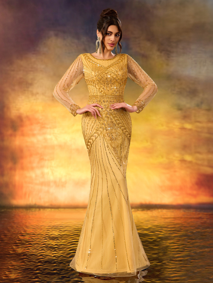 Modecrush Golden Sequin Long - Sleeve Mermaid Gown, Mesh - Paneled Round Neck Design, Waist - Cinching Cut, Ideal for Luxurious, Shining and Retro - Luxurious Occasions like Galas and Balls