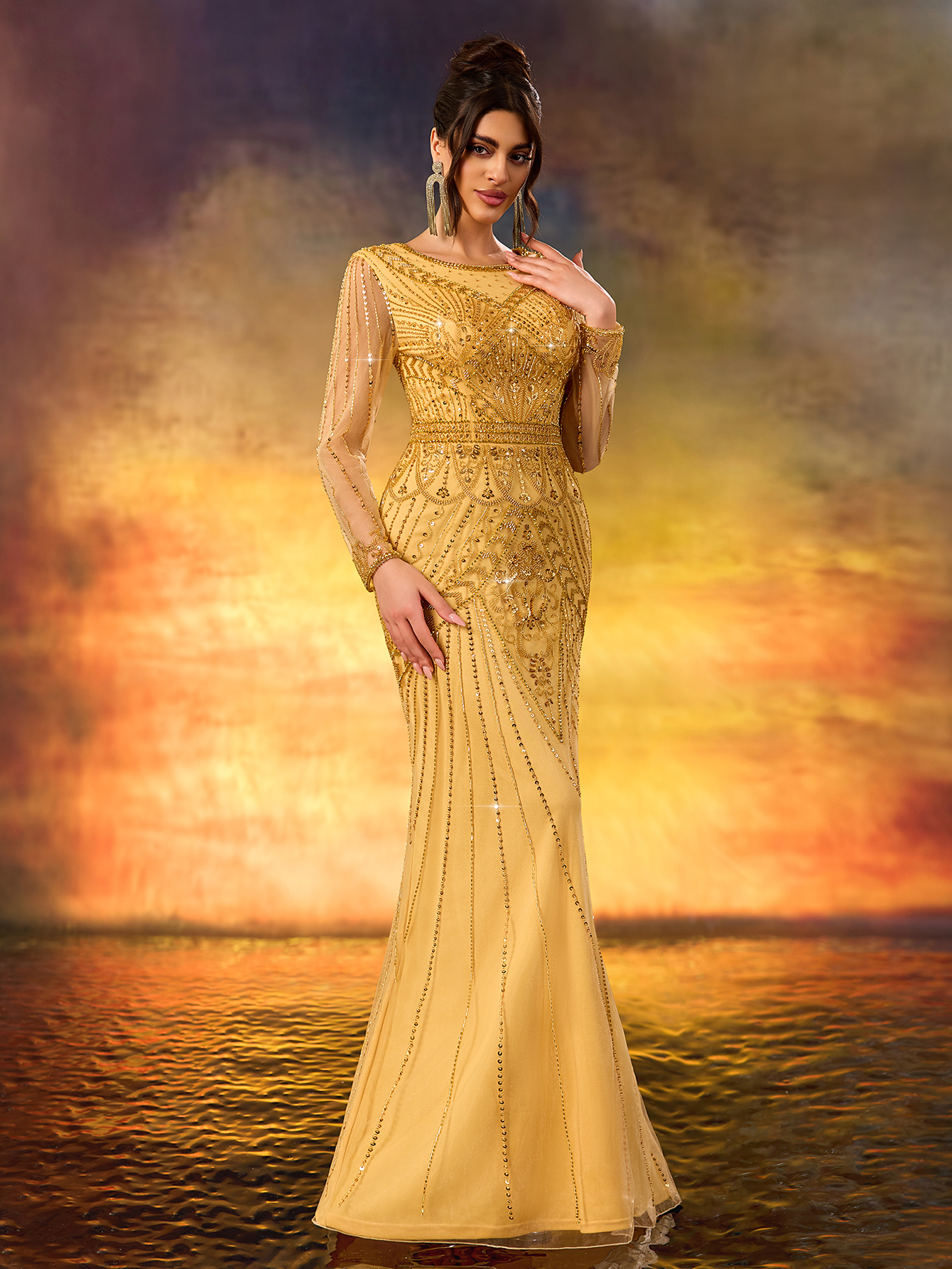 Modecrush Golden Sequin Long - Sleeve Mermaid Gown, Mesh - Paneled Round Neck Design, Waist - Cinching Cut, Ideal for Luxurious, Shining and Retro - Luxurious Occasions like Galas and Balls