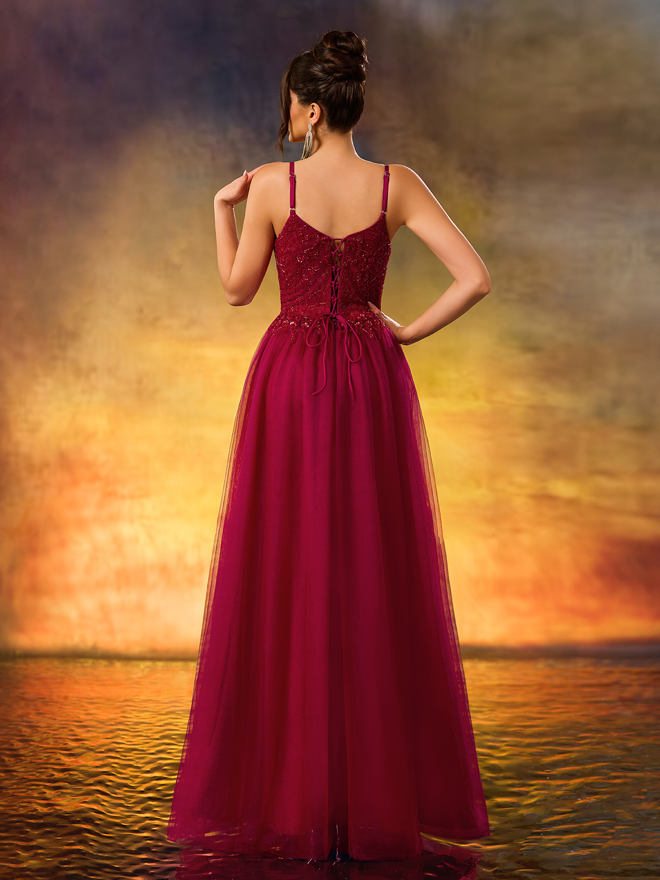 Women's Beaded V-Neck A Swing Evening Gown Elegant Tulle Party Dress For Wedding Guest,Party, Evening