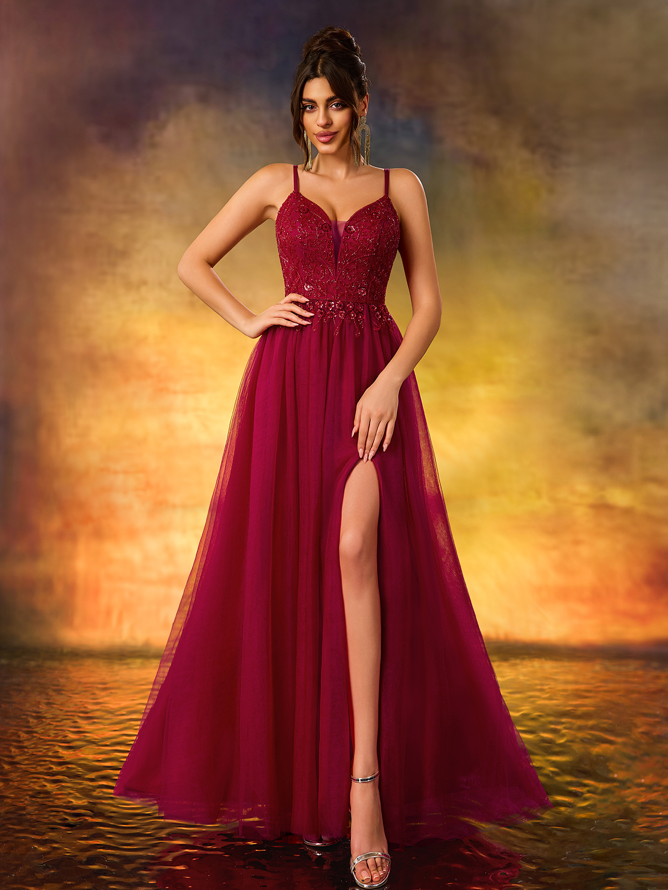 Women's Beaded V-Neck A Swing Evening Gown Elegant Tulle Party Dress For Wedding Guest,Party, Evening