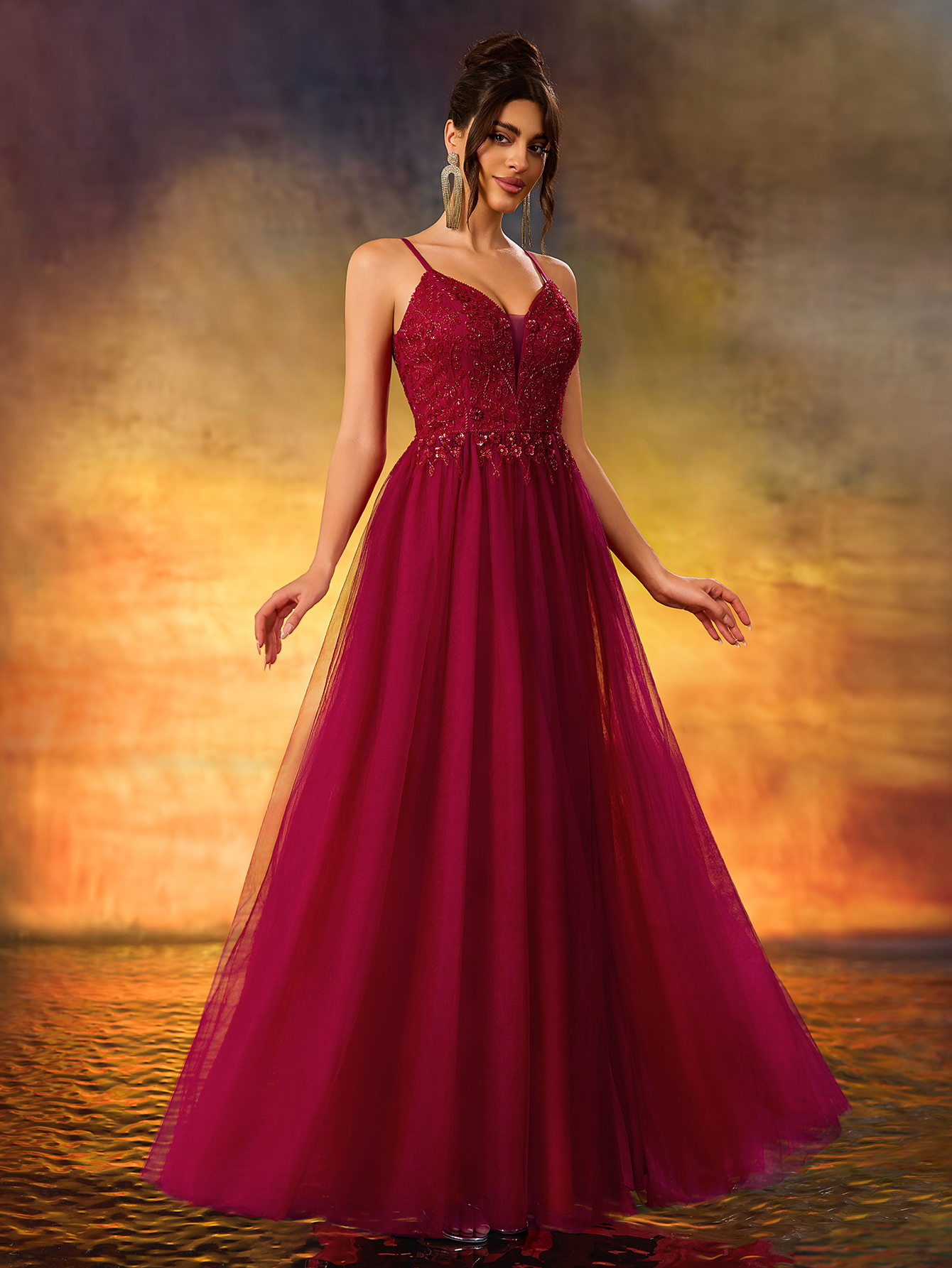 Women's Beaded V-Neck A Swing Evening Gown Elegant Tulle Party Dress For Wedding Guest,Party, Evening