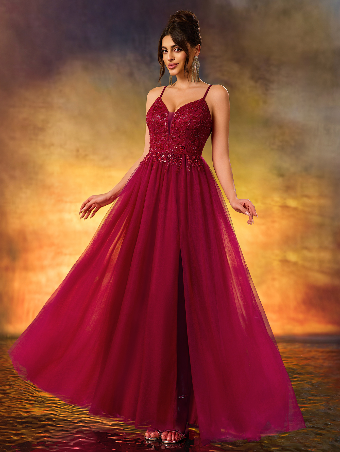 Women's Beaded V-Neck A Swing Evening Gown Elegant Tulle Party Dress For Wedding Guest,Party, Evening