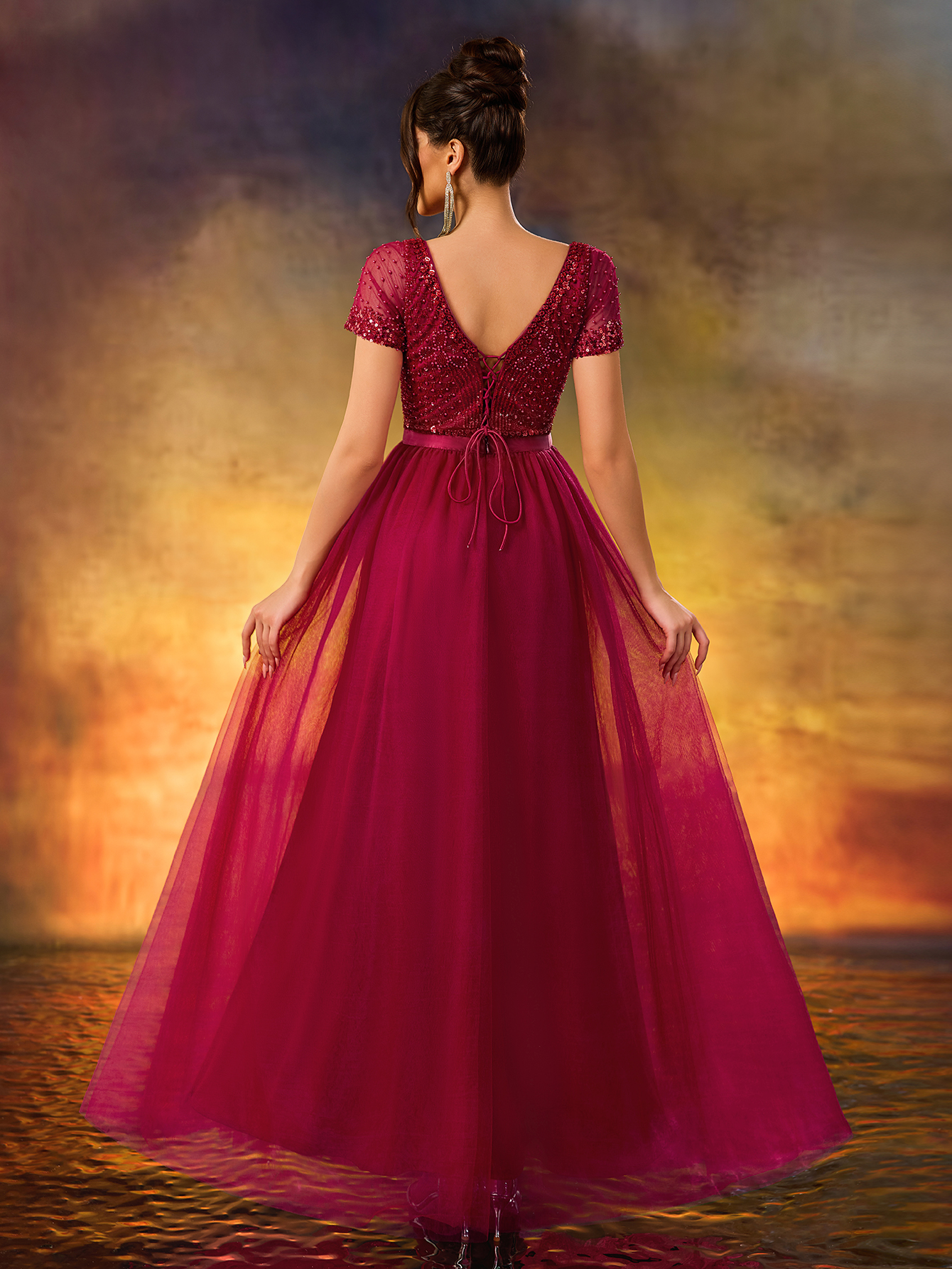 Modest Sequins Beaded Evening Gown V-Neck Waist With Stretch A Swing Party Dress For Birthday Party,Wedding Guest,Red Carpet