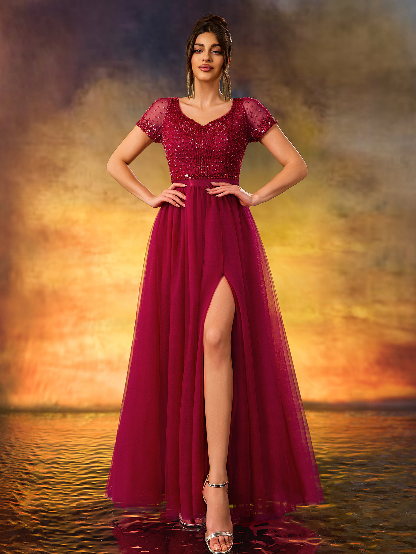 Modest Sequins Beaded Evening Gown V-Neck Waist With Stretch A Swing Party Dress For Birthday Party,Wedding Guest,Red Carpet