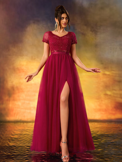 Modest Sequins Beaded Evening Gown V-Neck Waist With Stretch A Swing Party Dress For Birthday Party,Wedding Guest,Red Carpet