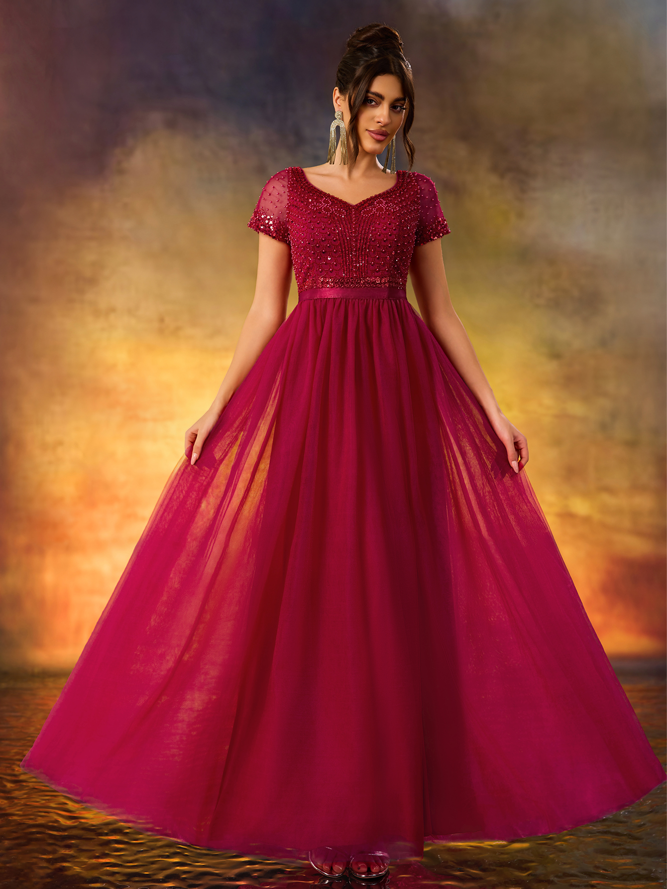 Modest Sequins Beaded Evening Gown V-Neck Waist With Stretch A Swing Party Dress For Birthday Party,Wedding Guest,Red Carpet