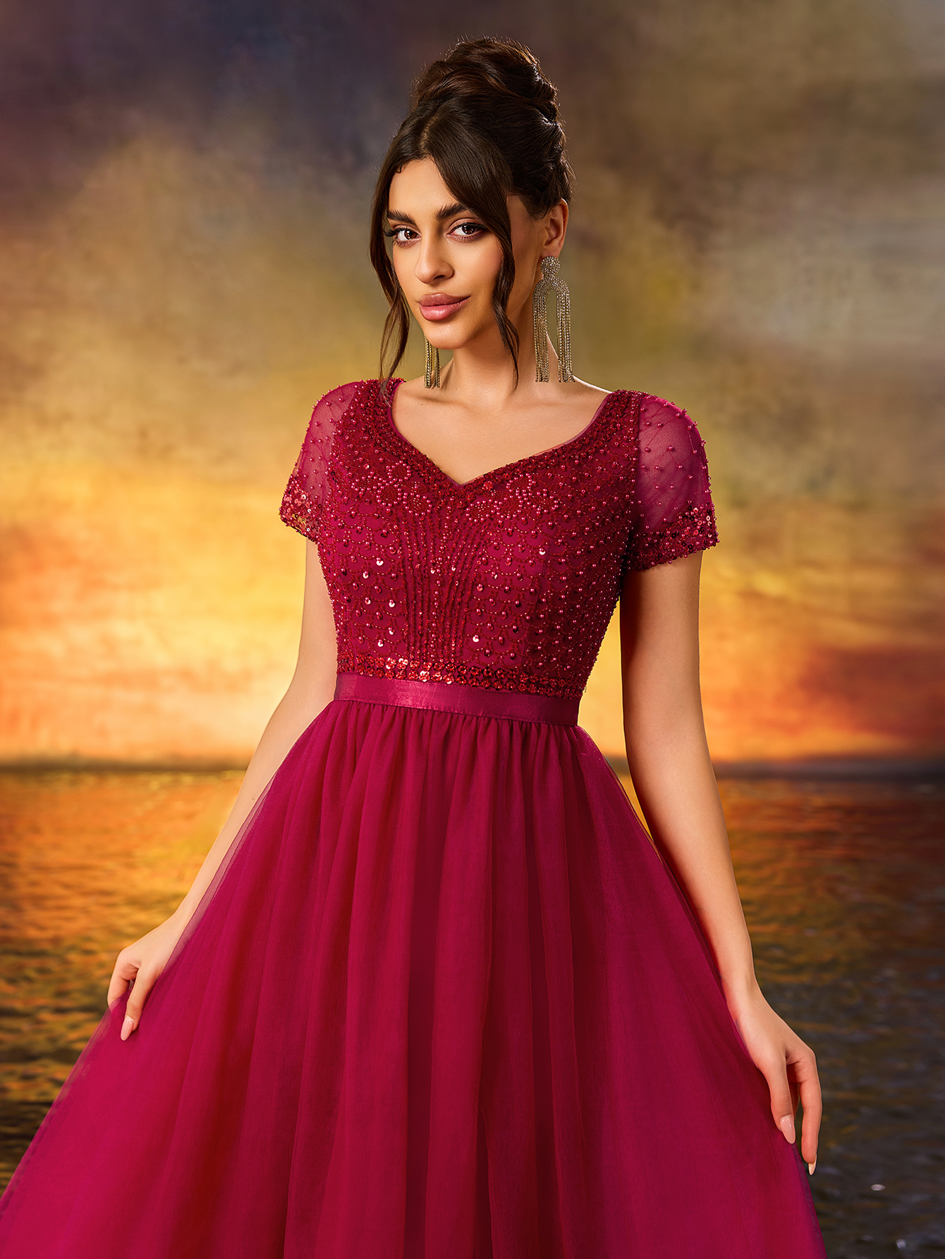 Modest Sequins Beaded Evening Gown V-Neck Waist With Stretch A Swing Party Dress For Birthday Party,Wedding Guest,Red Carpet