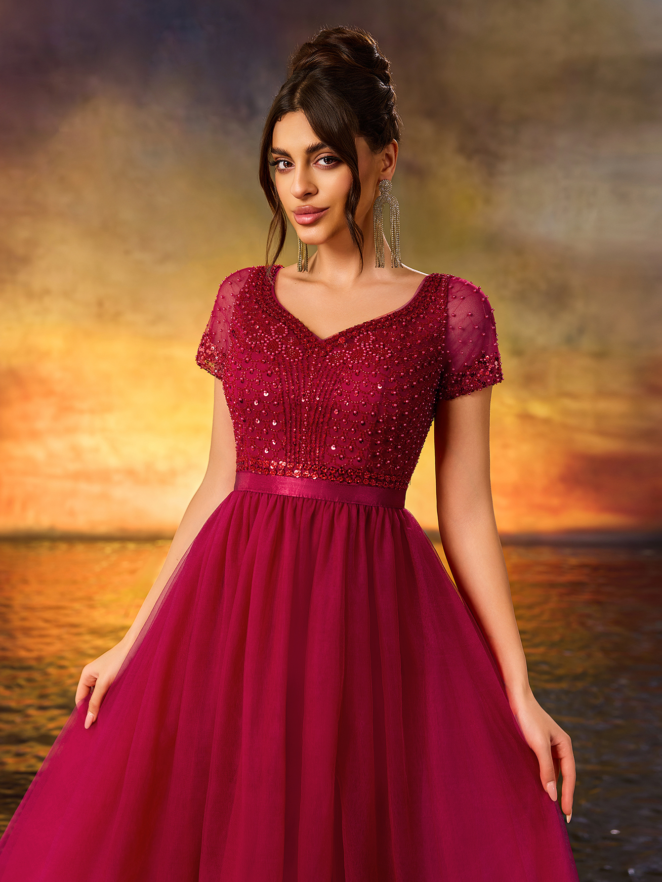 Modest Sequins Beaded Evening Gown V-Neck Waist With Stretch A Swing Party Dress For Birthday Party,Wedding Guest,Red Carpet