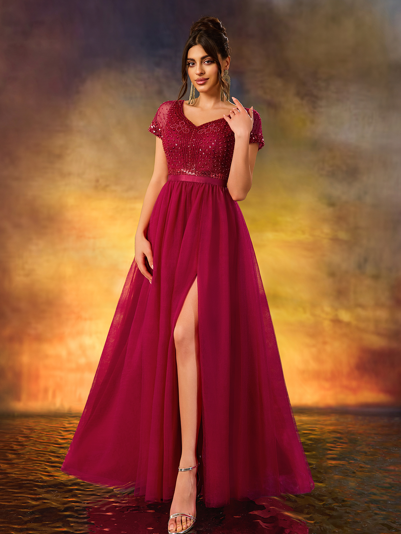 Modest Sequins Beaded Evening Gown V-Neck Waist With Stretch A Swing Party Dress For Birthday Party,Wedding Guest,Red Carpet