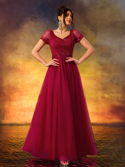 Modest Sequins Beaded Evening Gown V-Neck Waist With Stretch A Swing Party Dress For Birthday Party,Wedding Guest,Red Carpet