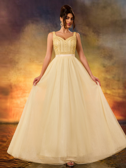 Modecrush Women's Sequins Sparkling A Swing Dress Elegant V-neck Tulle Flutter Evening Dress For Wedding Guest Formal Evening Birthday Party