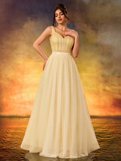 Modecrush Women's Sequins Sparkling A Swing Dress Elegant V-neck Tulle Flutter Evening Dress For Wedding Guest Formal Evening Birthday Party