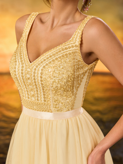 Modecrush Women's Sequins Sparkling A Swing Dress Elegant V-neck Tulle Flutter Evening Dress For Wedding Guest Formal Evening Birthday Party