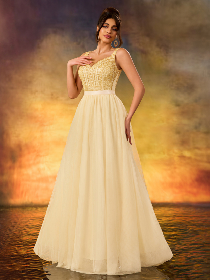 Modecrush Women's Sequins Sparkling A Swing Dress Elegant V-neck Tulle Flutter Evening Dress For Wedding Guest Formal Evening Birthday Party